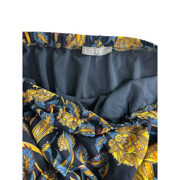 E. SSUE Off The Shoulder Short Dress Sz Large Navy Yellow Floral Belt Flounce - Picture 7 of 8